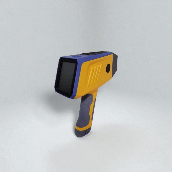 Drawell DW-8000 handheld XRF gold analyzer close-up showing touchscreen interface, X-ray window, and ergonomic pistol grip design
